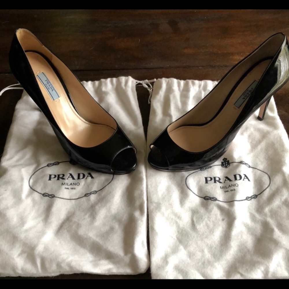 Authentic Prada patent leather peep toe pumps